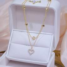 14k Real Gold Double layer Heart Necklace | Shining Bling AAA Zircon | W... - $11.95