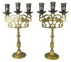 2  Antique Brass LION CANDELABRAS Candle Holders Judaica NY Brass 11.25&quot;... - £144.68 GBP