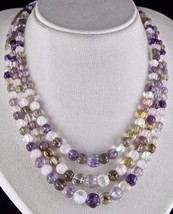 Multi Mix Carved SEMI-PRECIOUS Beads 3 Line 498 Carats Gemstone Fashion Necklace - £102.51 GBP