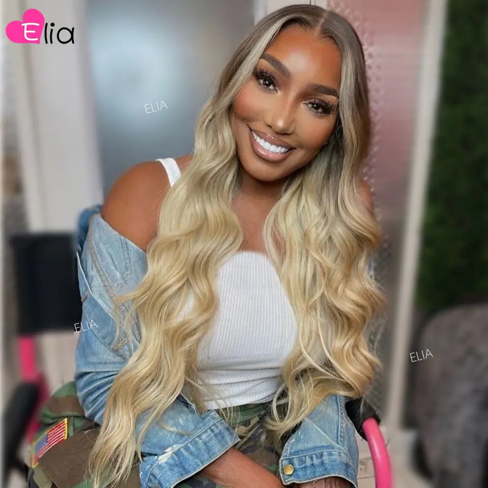 13X6 human Hair Lace Frontal Wig Ash Brown Ombre Blonde Body Wave Glueless W - £78.55 GBP+