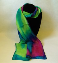 Hand Painted Silk Scarf Pink Green Turquoise Blue Womens Unique Head Nec... - £45.03 GBP