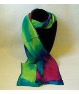 Hand Painted Silk Scarf Pink Green Turquoise Blue Womens Unique Head Neck Gift - $56.00