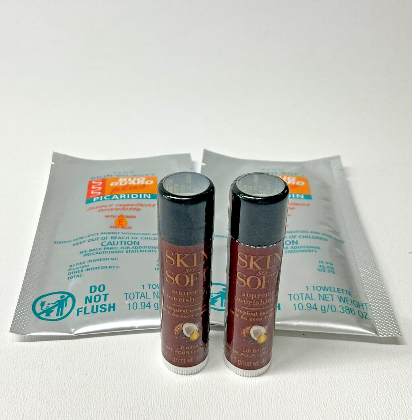 Avon Skin So Soft Tropical Coconut 2 Lip Balm, 2 Insect Repellent Towelettes NEW - £7.38 GBP