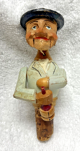 Vintage Mechanical Bottle Cork Man Drinking Bottle of Wine Carved Wood - $39.11