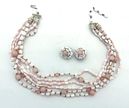 Necklace  Pink Beaded Matching Vintage Clip Earrings Hong Kong Round Flat Gold - £16.91 GBP