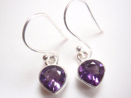 Very Small Faceted Amethyst Heart Shaped 925 Sterling Silver Dangle Earrings - £10.06 GBP