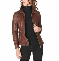 Jacket Leather Size Biker Womens Vintage Women&#39;s Real Ladies Motorcycle Brown 9 - £82.40 GBP