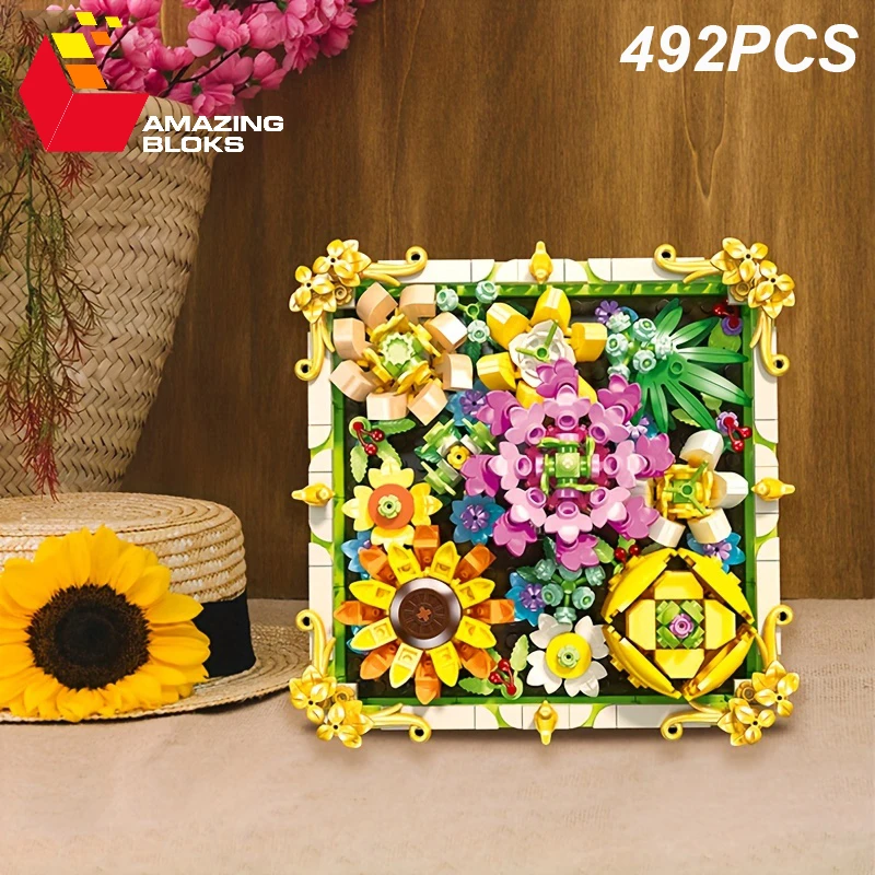 492PCS Preserved Flower Photo Frame Building Blocks Sunflower Rose Plant Bouquet - £29.93 GBP