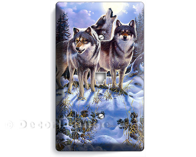 Wild Gray Wolfs moon howling winter snow woods night phone telephone wall plate
