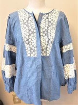 Johnny Was Lace Pieced Button Down Thalassa Shirt  Sz.L Blue/White Cotton Blend - £133.65 GBP