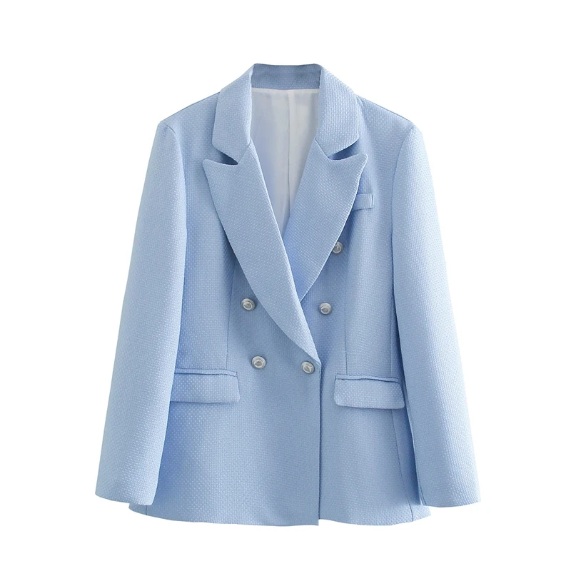 Tangada Women 2021  Blue Tweed Blazer Coat Vintage Long Sleeve Office Lady Outer - £150.55 GBP