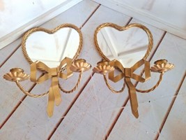 VTG Pair of Homco Braided Gold Rope Heart and Bow Candle Holder Wall Mir... - $54.44