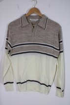 Vtg 70s Anderson Little M Beige Brown Stripe Rib Collared Acrylic Sweater Shirt - £19.92 GBP