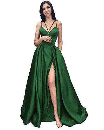Kivary Women Spaghetti Straps Front Slit Long Prom Evening Dresses Emerald Green