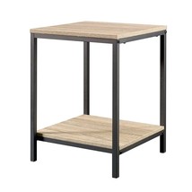 Modern Black Metal Frame End Table with Oak Finish Wood Top and Bottom Shelf - £98.64 GBP