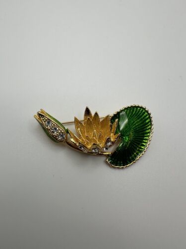 Primary image for Vintage Enamel Gold Green Lilly Pad Water Flower Brooch 5.5cm