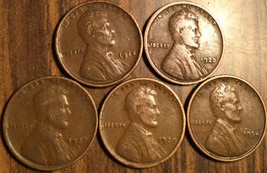1918 1920 1927D 1929 1934 Lot Of 5 Usa Lincoln Wheat One Cent Penny Coins - £3.60 GBP