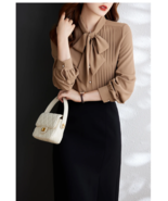 Pleated Long Sleeve Bow Tie Neck Pearl Buttons Anti wrinkle  Blouses - £32.34 GBP+