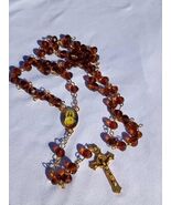 Amber Mercy – Brown Crystal Rosary w/ Gold Crucifix &amp; Sacred Heart A64 - $29.69