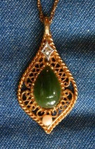 Jade, Cultured Pearl &amp; Diamond Filigree Gold-tone Pendant Necklace 1970s... - £15.88 GBP