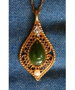 Jade, Cultured Pearl &amp; Diamond Filigree Gold-tone Pendant Necklace 1970s... - £15.94 GBP
