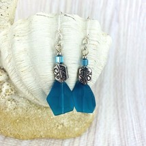 Sea Glass Blue Dangle Shell Earrings Silver Tone Floral Teal Turquoise - £19.97 GBP