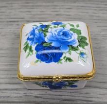 White w/ Blue Rose Floral Porcelain Hinged Gold Tone Trimmed Trinket Box - £11.89 GBP