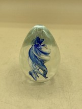 Art Glass Oval Egg Shaped Paperweight Blue Clear White Twirl Spiral 3 1/... - £15.84 GBP