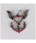 Jeweled Silver &amp; Red Heart Anchor With Wings Beautiful Metal Necklace Charm - $14.26 CAD