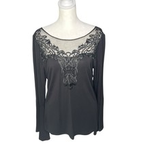 Venus Black Long Sleeve Top with Lace Detail - Elegant Blouse Large - $27.36 CAD