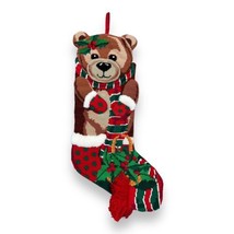 Vtg Needlepoint Teddy Bear Christmas Stocking  3D Scarf Mittens Fringe Holly - £19.39 GBP
