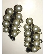 Vintage Earrings Gray Smoke Rhinestones Pearls Ear Climber Clip Silver T... - $32.91 CAD
