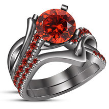 14K Black Gold Filled 925 Silver 1.85 Ct Red Garnet Engagement Bridal Ring Set - £80.72 GBP