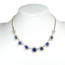 Gold Tone Faux Sapphire &amp; Swarovski Style Crystal Necklace and Earring Set - £63.25 GBP
