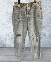 Old Navy Women 14 Blue Cotton Denim Extra High Rise Straight Distressed Jeans - £17.12 GBP