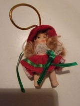 Vtg Porcelain Doll Christmas Ornament Mini Girl Green Dress Blond Hair Victorian - £22.05 GBP
