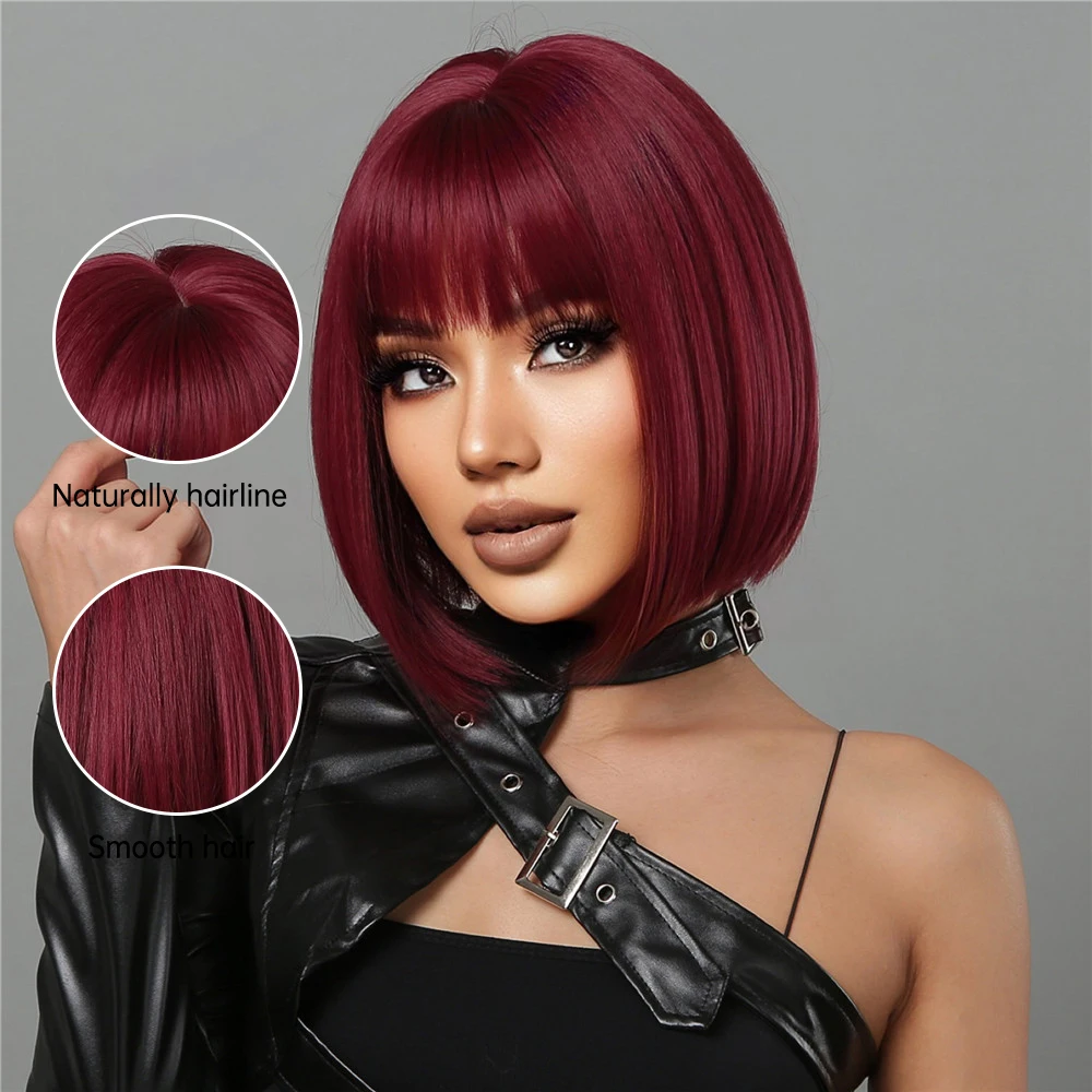 House Home Short Wine Red Syntnetic Wigs Straight Hair Wig with Bangs Bob Hair f - £44.56 GBP