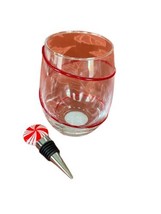 Holiday Time 19 oz Stemless Wine Glass with Peppermint Candy Wine Stopper - £14.20 GBP