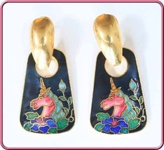 Elegant Genuine Cloisonne Enamel Unicorn Pierced Earrings 1970s vintage 2&quot; - £14.33 GBP