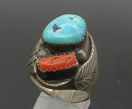 NAVAJO 925 Sterling Silver - Vintage Turquoise &amp; Coral Band Ring Sz 9 - RG16843 - £144.67 GBP