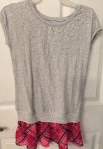 Justice Girls Gray Shirt W Bling and Faux 2nd Shirt in Pink Plaid Girls Size 16 - $14.01