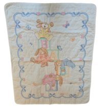 Vintage Handmade Blanket Embroidered Cross-Stitch Baby Crib Quilt Bunnie... - $695.33 MXN