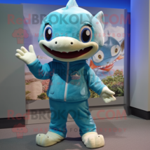 Turquoise Shark mascot costume character dressed with a Romper and Watches - $1,319.00