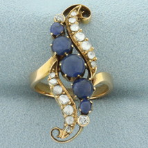 Antique Old Cut Diamond and Sapphire Ring in 14k Yellow Gold - £1,048.72 GBP