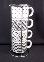 Set of 4 espresso mugs with metal stand 7&quot; tall black &amp; white NEW - £7.72 GBP