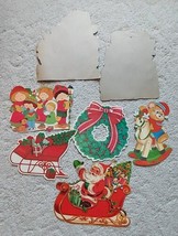 Vintage Christmas Cardboard Flocked Cutouts Santa Sleigh Carolers &amp; More - £23.18 GBP