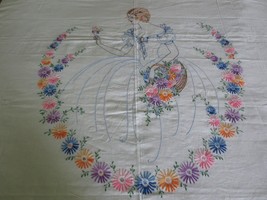 Vtg. EMBROIDERED LADY WITH BASKET OF DAISIES Cotton COVERLET - 72&quot; x 94&quot; - £38.40 GBP