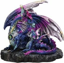 Violet Blue Midnight Sky Gemstone Mother Dragon With Baby Wyrmling Statue Decor - £28.43 GBP