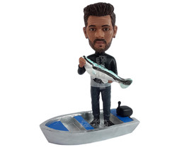 Custom Bobblehead Male fisherman on a boat holding a fish with both hands - Spor - £133.53 GBP