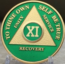 11 Year AA Medallion Green Gold Plated Alcoholics Anonymous Sobriety Chi... - £15.98 GBP